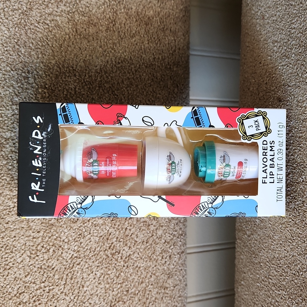 NIB Friends Flavored Lip Balms 3 pack Central Perk strawberry vanilla coffee